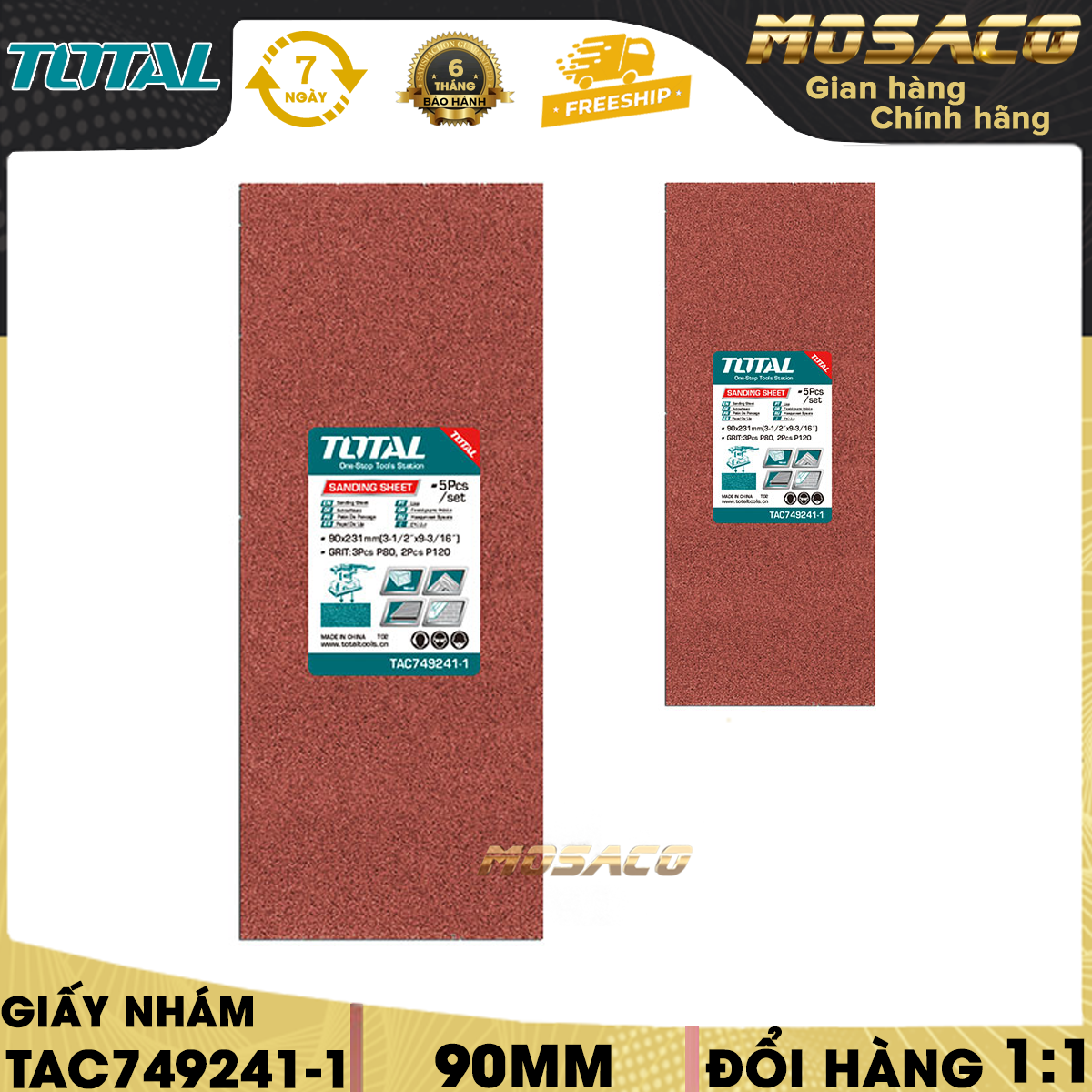 Paper sanding rectangle total tac749241-1, size sandpaper 90x231mm. Sandpaper total, including 3 pieces type P80 and 2 pieces type P120. 5 pcs/set, suitable use sanding machine Total model TF1301826, have warranty 6 months-mosaco