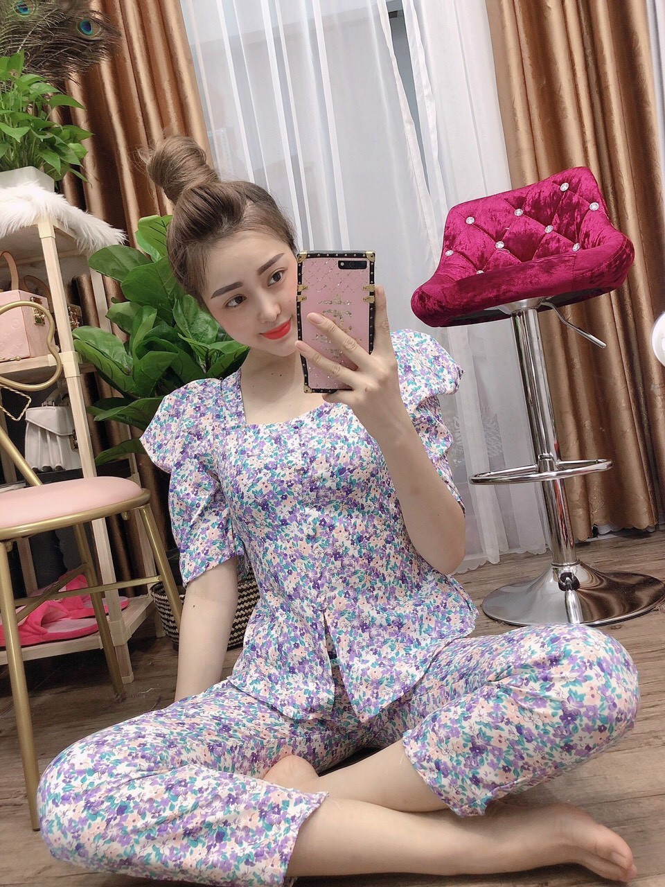 Set bộ nữ hoa tay phồng cổ vuông cài nút quần dài #setbonutayphong