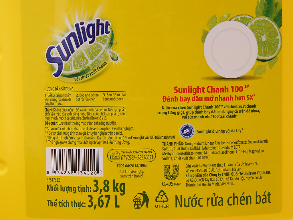 Nước rửa chén Sunlight can 3,8kg