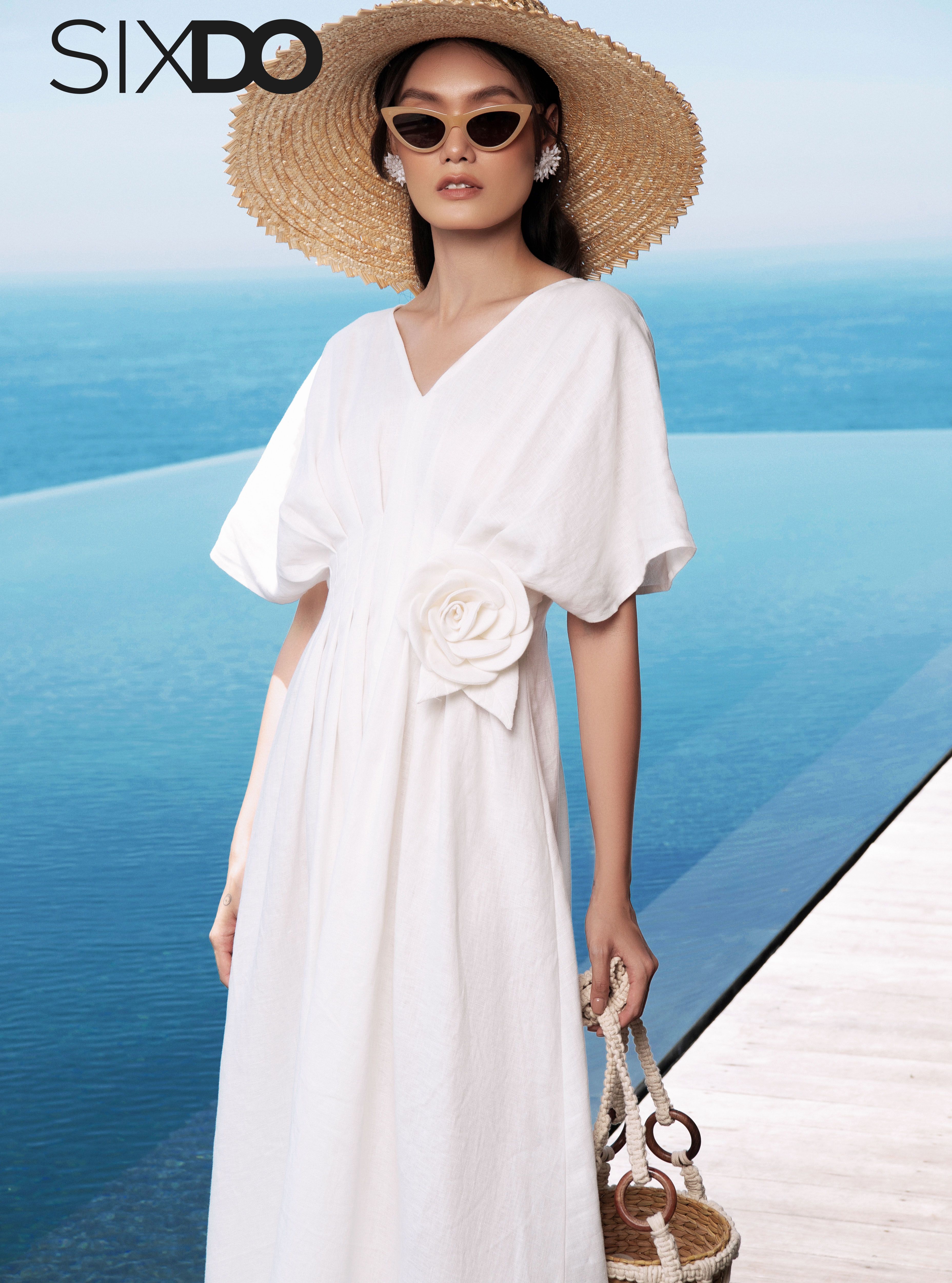Đầm linen ôm eo cổ V SIXDO (V-neck Midi Linen Dress)