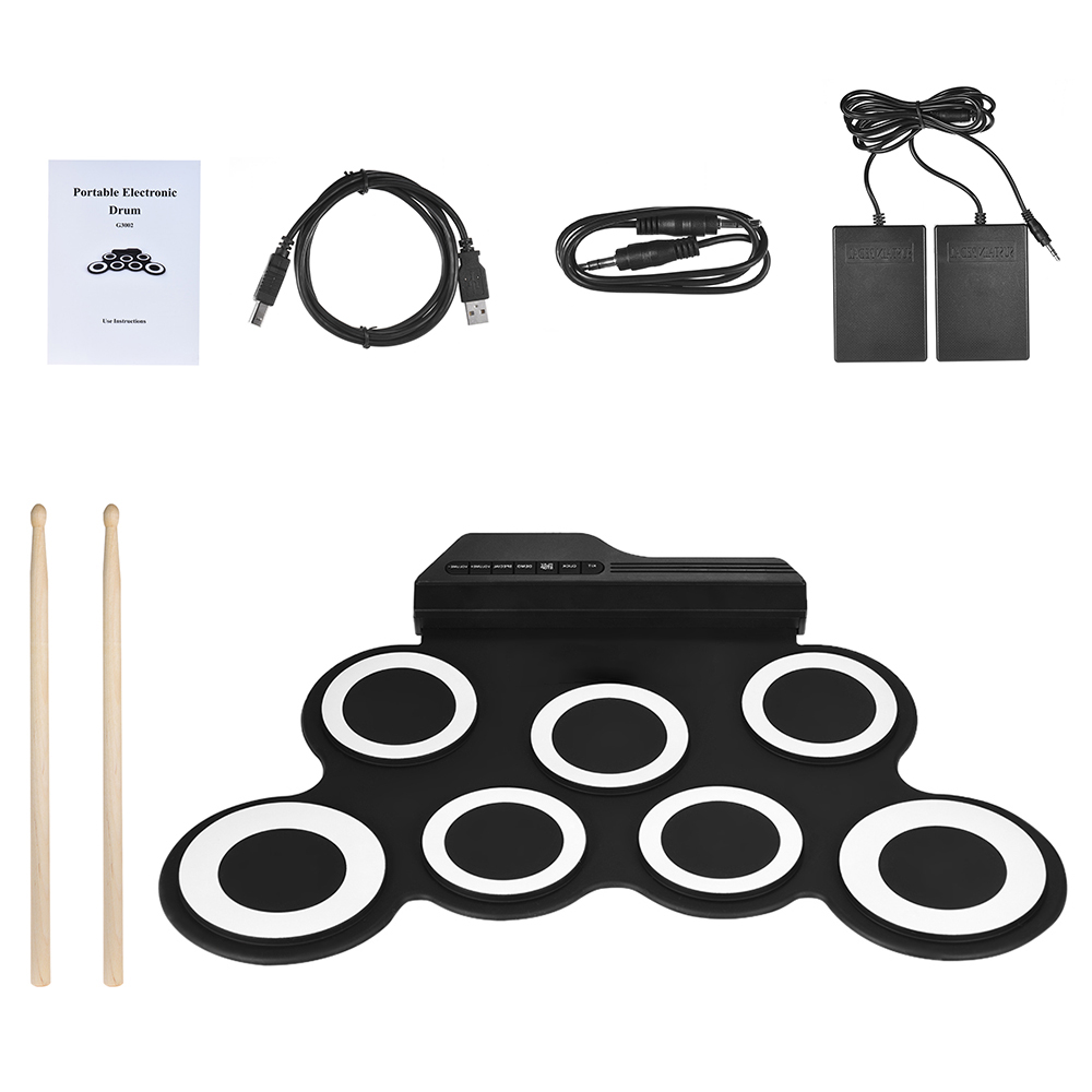 Compact Size Portable Digital Electronic Roll Up Drum Set Kit 7 Silicon Drum Pads USB Powered with Drumsticks Foot Pedals 3.5mm Audio Cable for Practice Beginners Kids