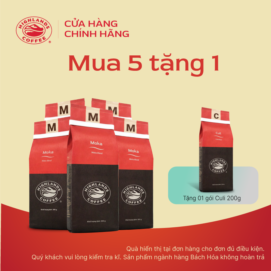 [Hot Deal: Mua 5 gói tặng 01 gói Moka 200g] Combo 5 Cà phê rang xay Moka Highlands Coffee 200g. Quà tặng (nếu có) hiển thị tại giỏ hàng.
