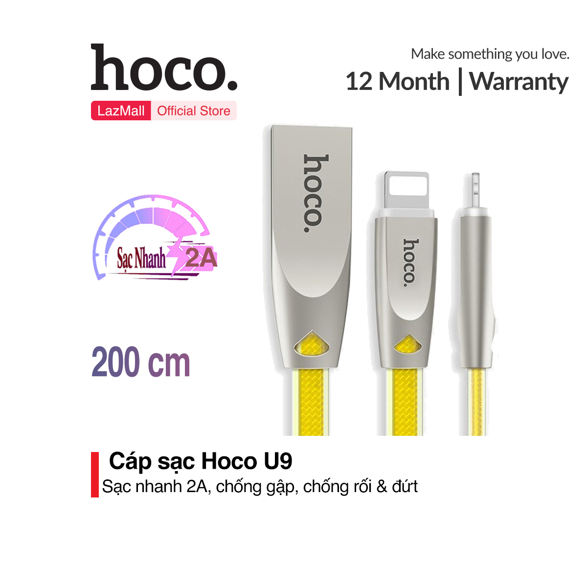 Cáp sạc Lightning Hoco U9 cho iPhone/iPad dài 2M dây chống gập siêu bềniPhone 8Plus iPhone X iPhone XS Max