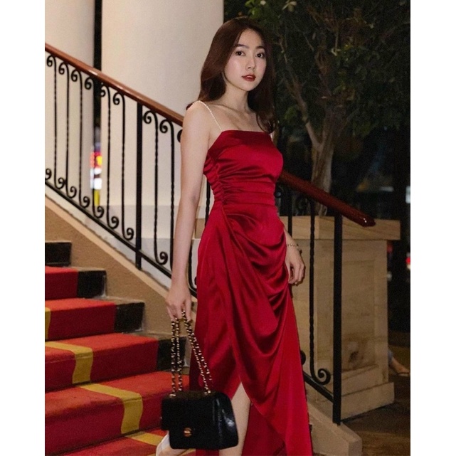 Đầm dự tiệc phi lụa 2 dây chuổi sang trọng