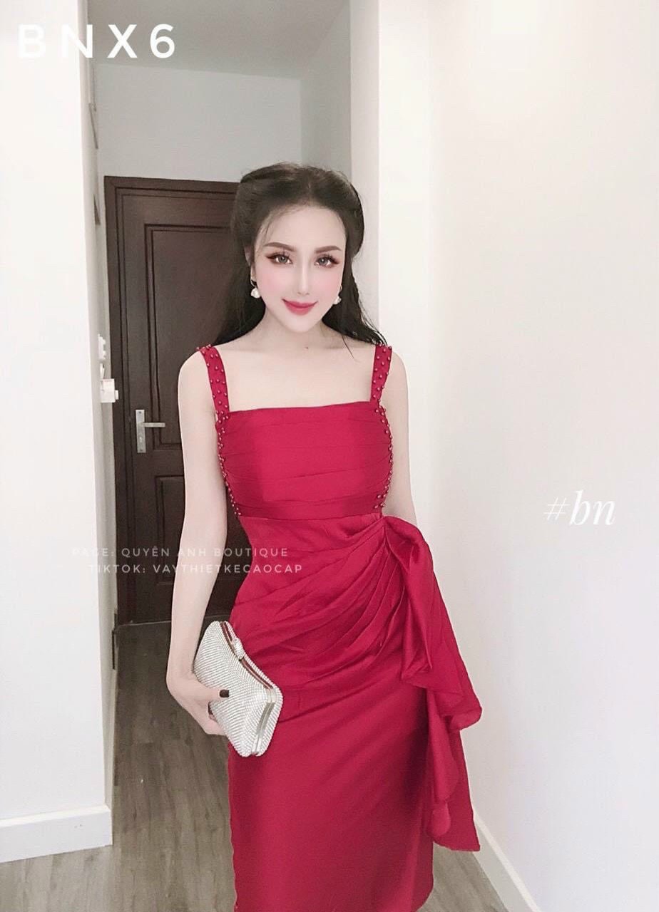 Đầm nữ thời trang mặc đi chơi, đầm nữ umi đính cườm hai dây có mút phối thắt dây chéo tà 2 màu cao cấp