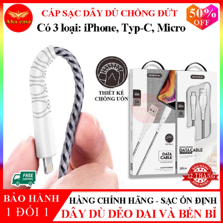 [Cáp Sạc Dù Chống Đứt] SIÊU BỀN -CHÍNH HÃNG SD M25 ✓Dây sạc Iphone Android Type C BH 12 Tháng 1 đổi 1