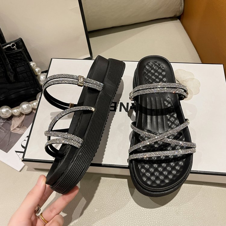 Dép Quai Dây Đính Đá Sandal Nữ Đế Độn 5cm ( Hàng QC loại 1 full box )
