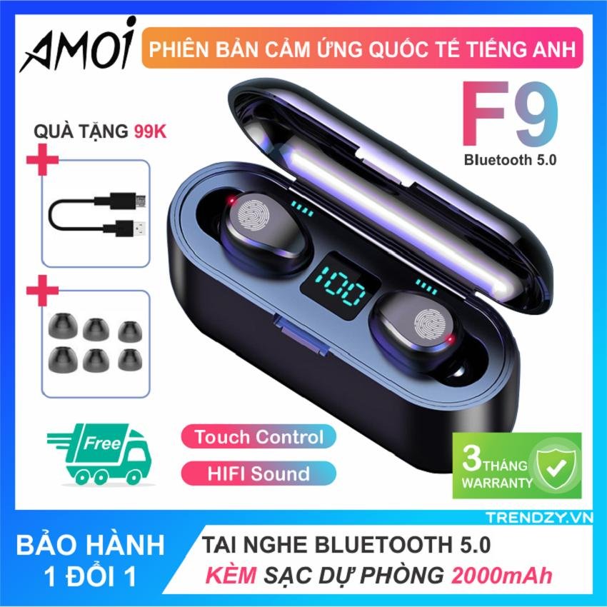 Tai nghe bluetooth kiêm sạc dự phòng TWS F9 bản Quốc tế True Wireless không dây nút cảm ứng kháng nước thể theo stereo