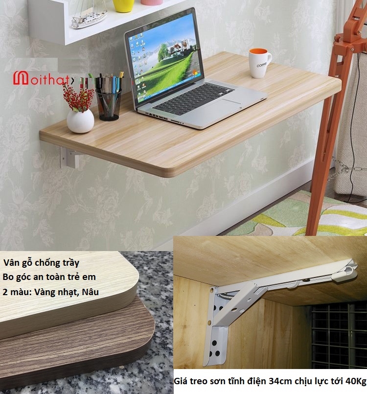 Bàn gập treo tường thông minh Vân Gỗ chống trầy chịu lực tốt đến 30kg + Kèm 2 bản lề khung thép sơn tĩnh điện