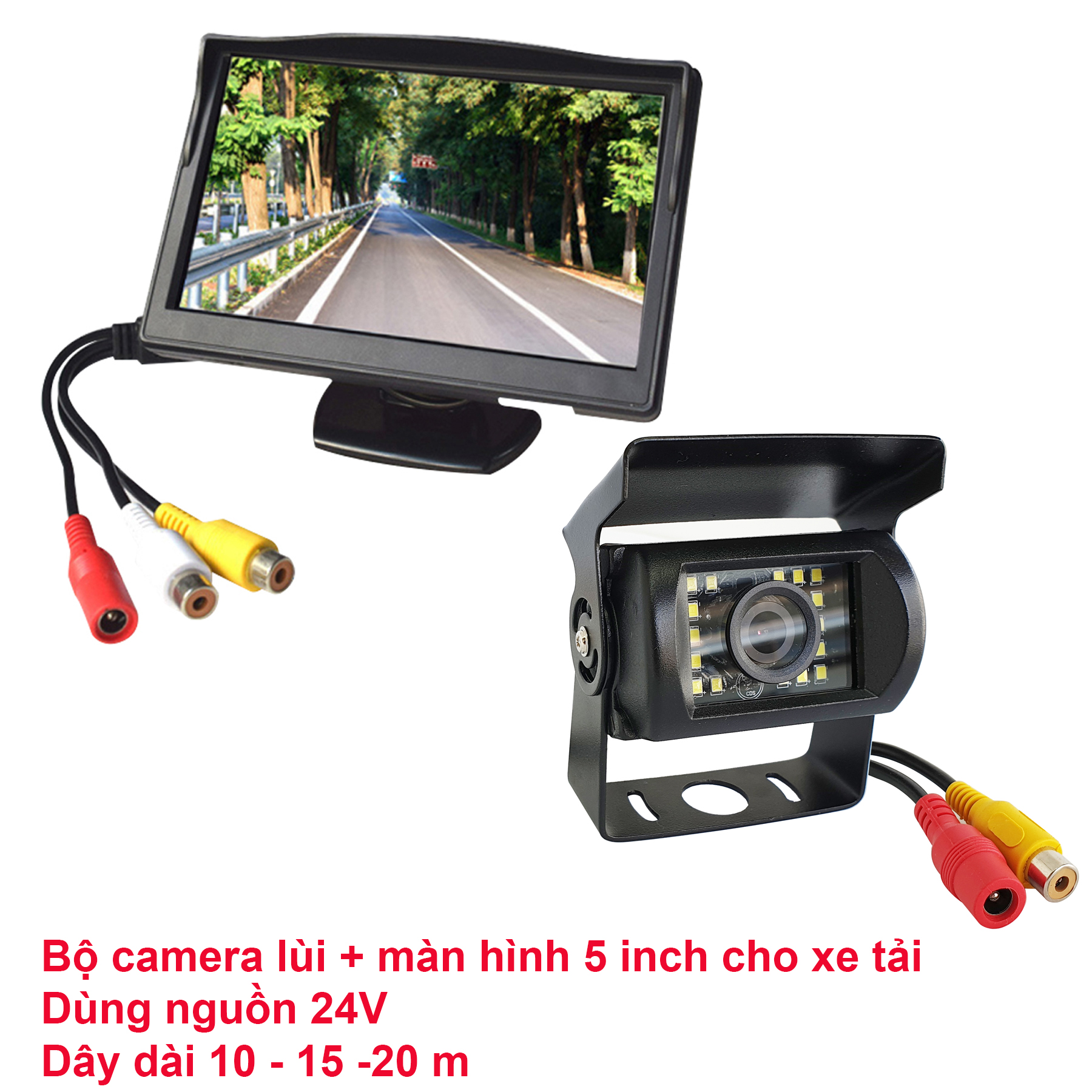 Bộ màn hình 5 inch và camera lùi 24 led cho xe tải, dùng nguồn 12-24v, dây tín hiệu dài 10m