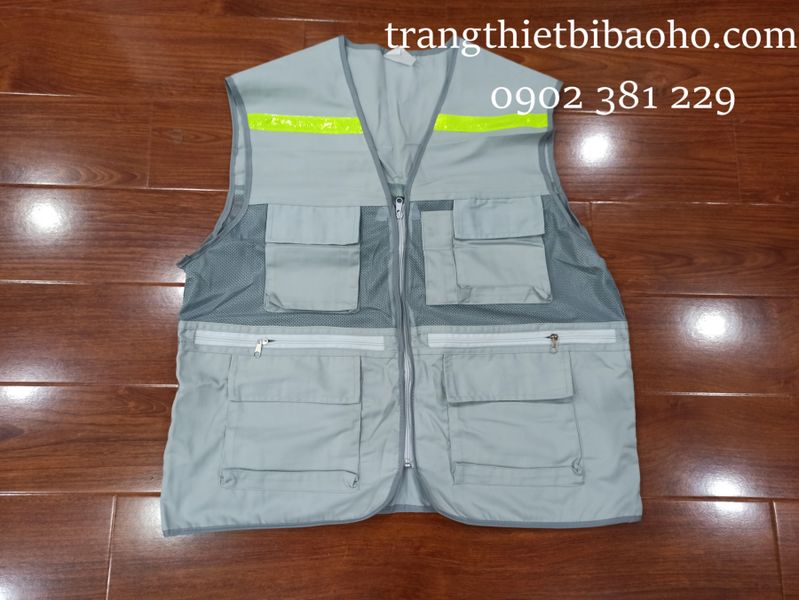 Áo ghi lê vải kaki phối lưới 6 túi có phản quang nhựa trước và sau lưng(như hình)- hình thật