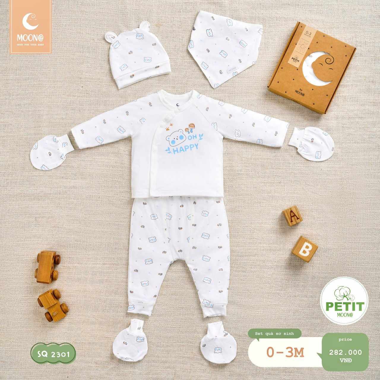 [CHÍNH HÃNG] Set sơ sinh dài tay cài chéo kèm mũ bao tay chân petit Moon