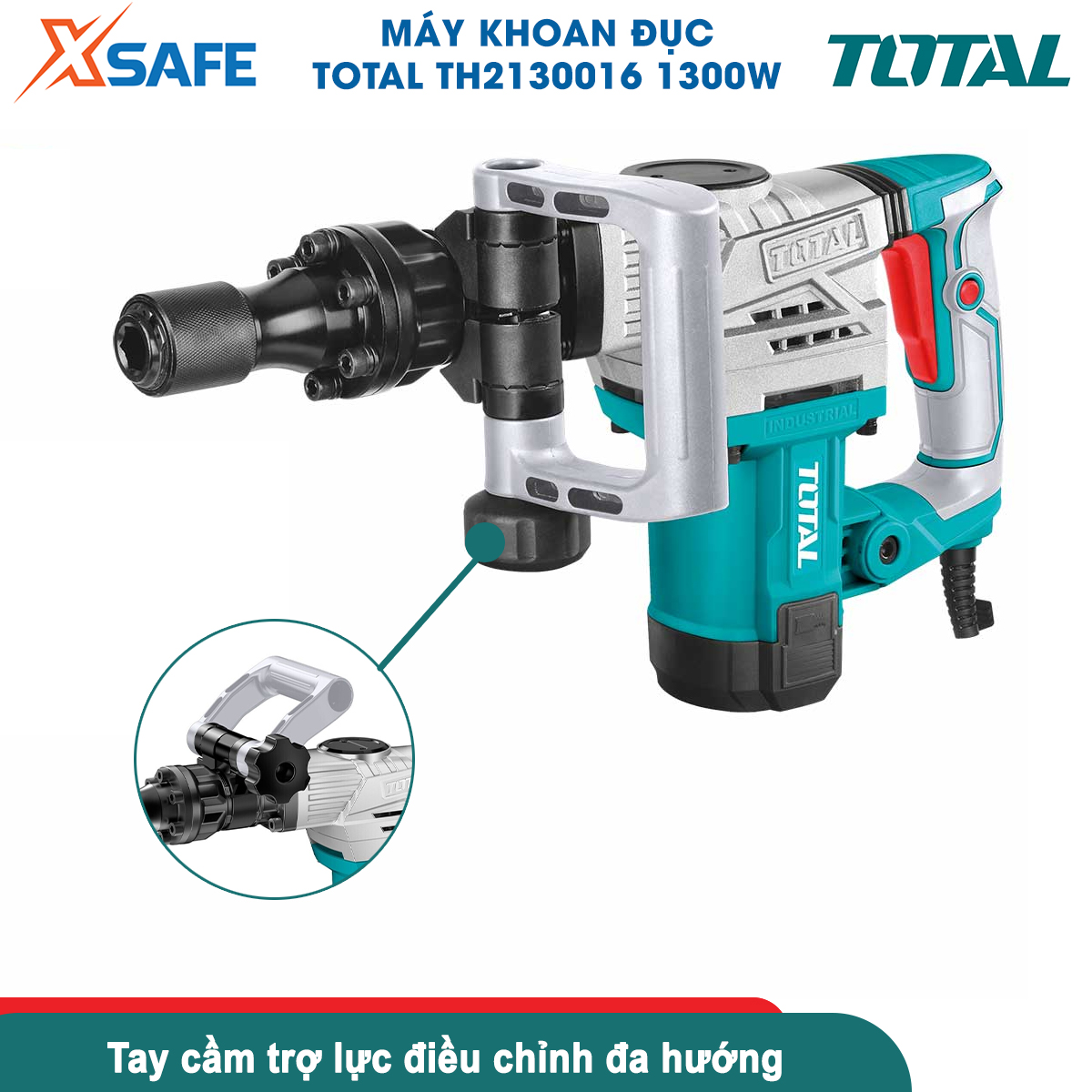 Máy đục bê tông TOTAL TH2130016 | máy khoan đục công suất 1300W, tốc độ đập 3800 bpm, lực đập 20J bắn vít, đục tường, khoan bê tông