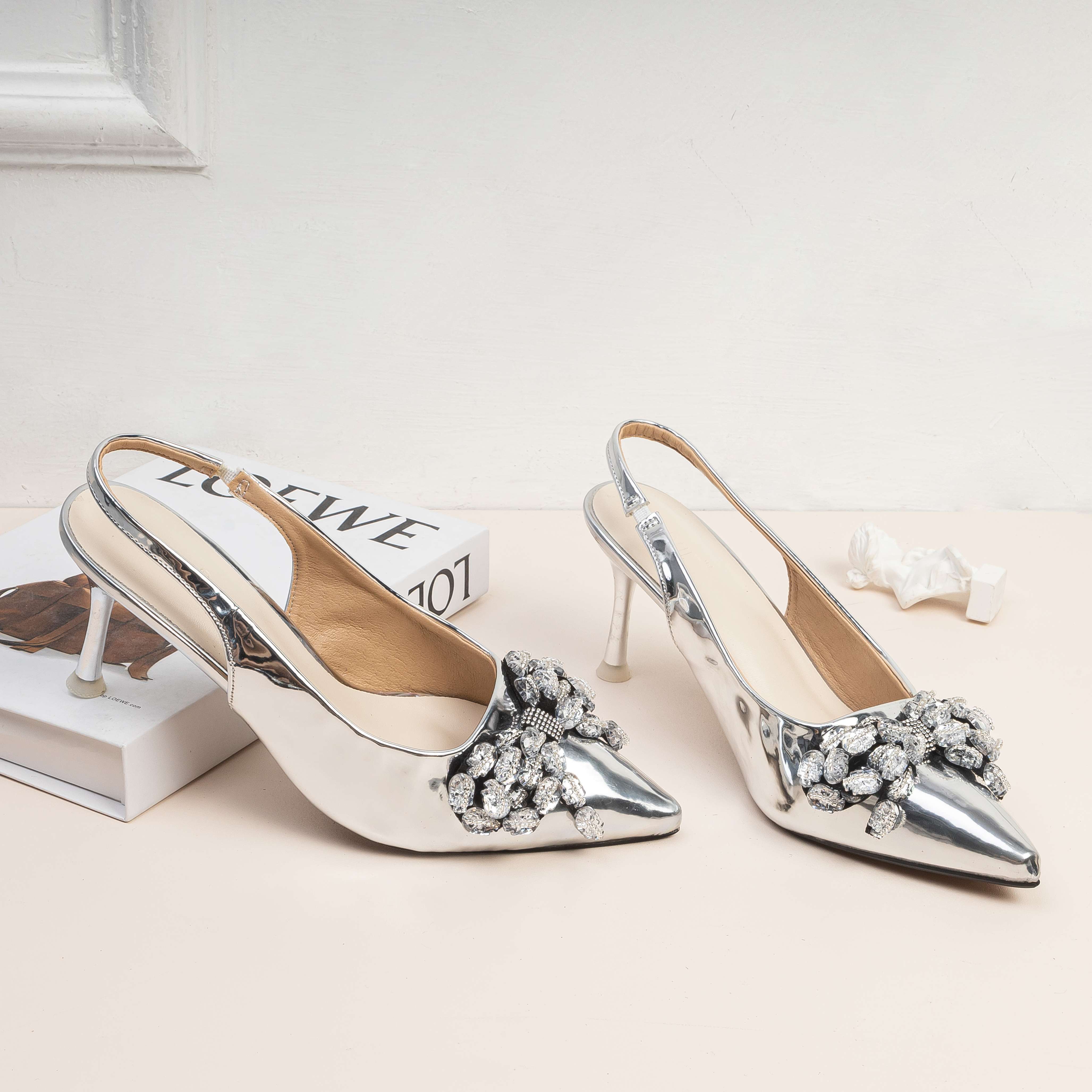 Giày Cao Gót 7cm Sling Back Phối Nơ Đính Đá Pixie E246