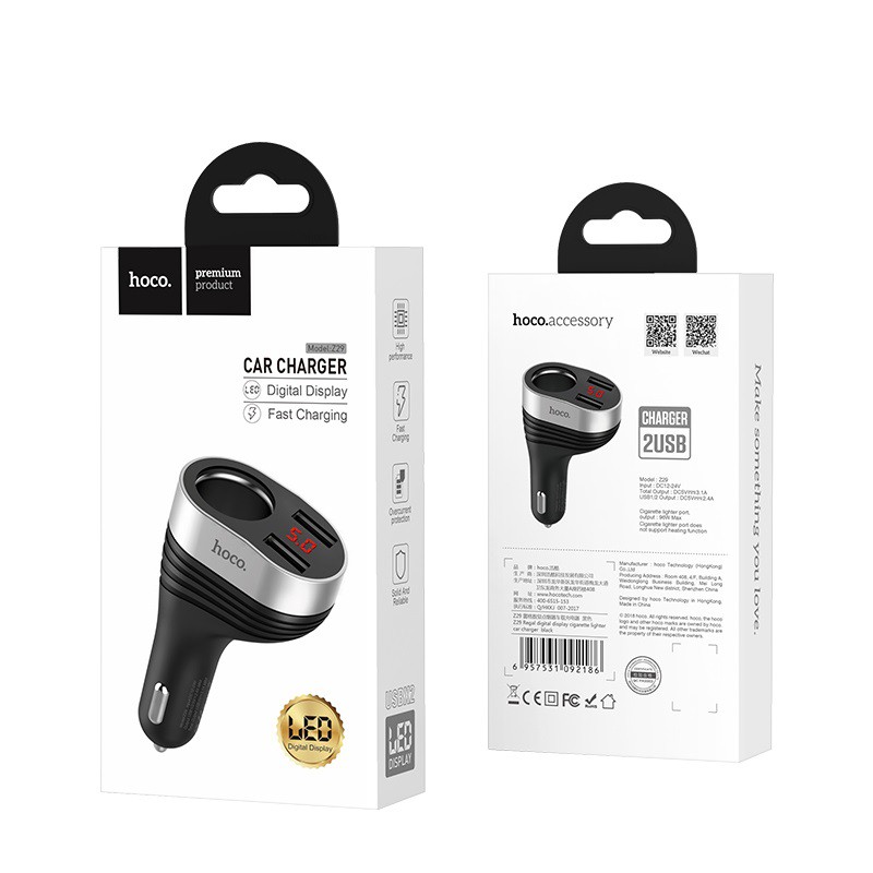 Cóc Sạc Xe Hơi Hoco Z29 2 Cổng Usb Có Đèn Led (Đen)