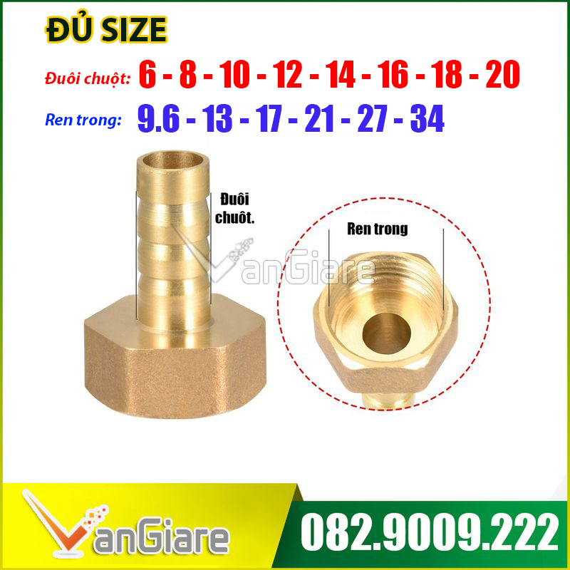 (Đủ size) Nối đuôi chuột ren trong, đầu nối ống đuôi chuột răng trong 6mm 8mm 10mm 12mm 14mm 16mm 18mm 20mm