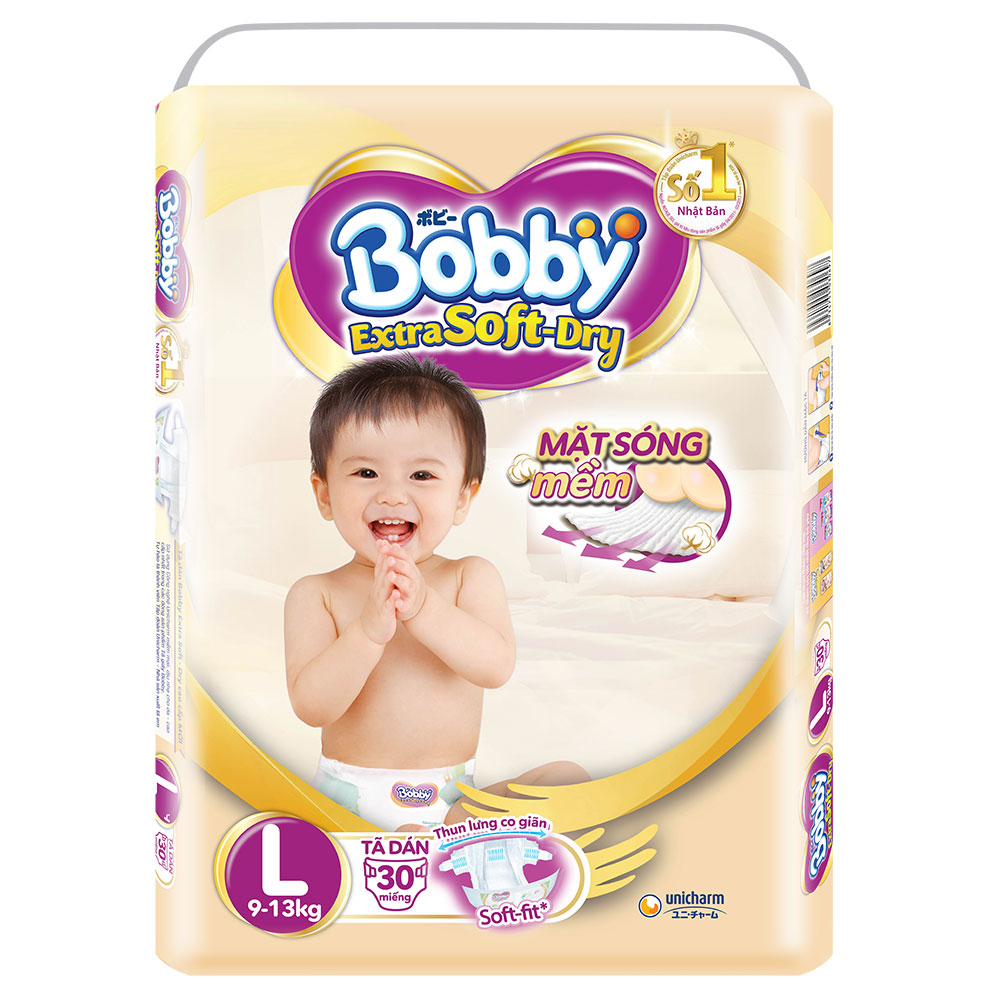 [HCM]Tã Dán Bobby Extra Soft-Dry 30 Miếng Size L (Cho Bé 9-13kg)
