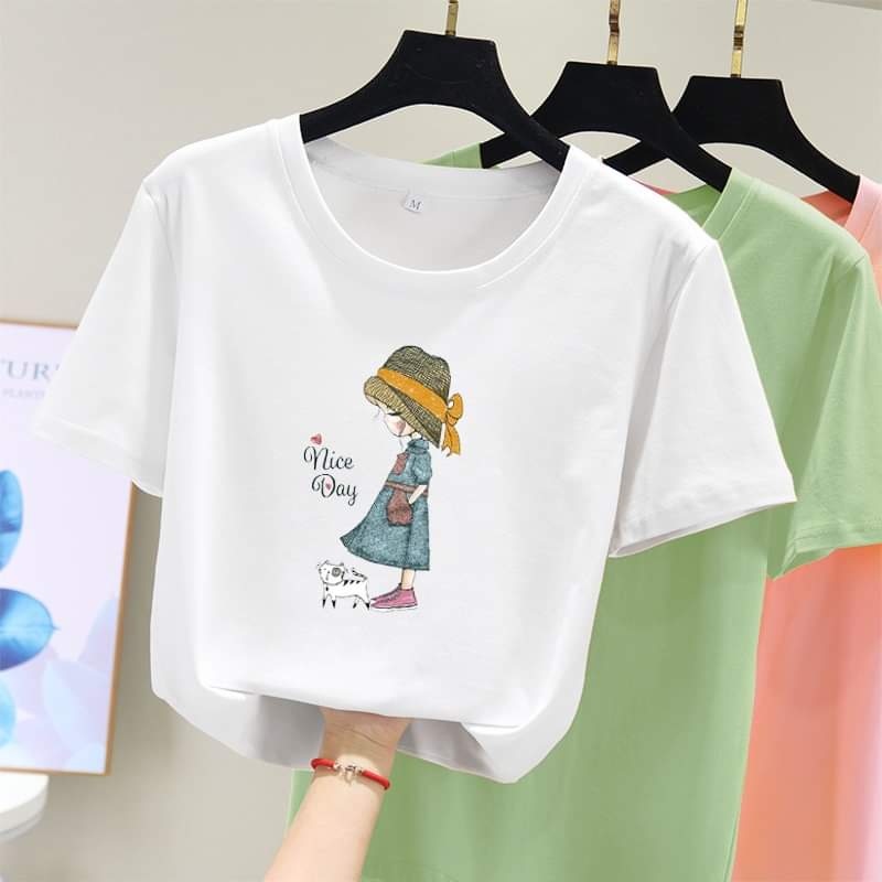 XẢ HÀNG - ĐỒNG GIÁ 19K Áo thun nữ form rộng Hàn Quốc in hình Cô Gái Nón Vàng dễ thương vải dày mịn mát