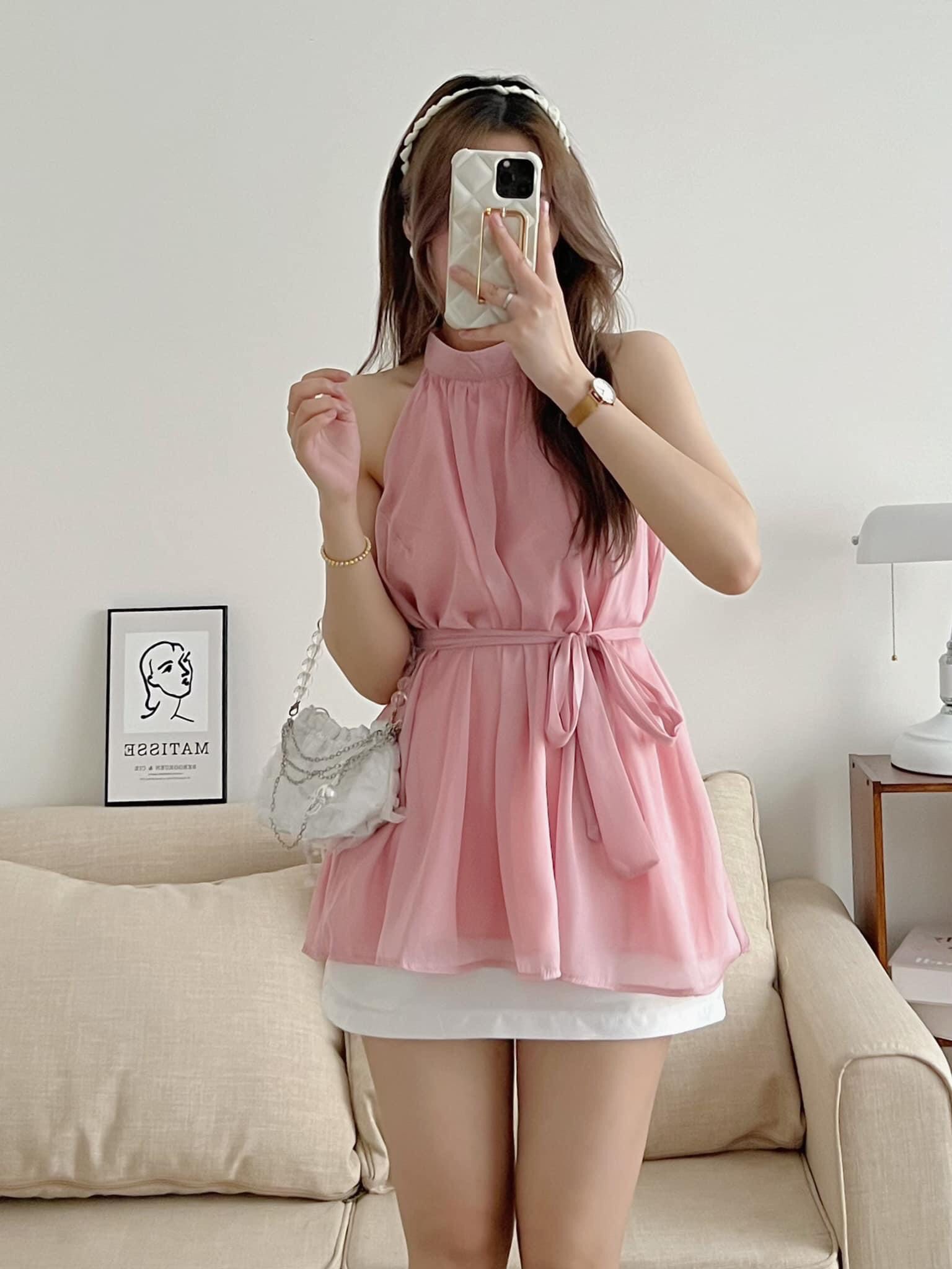 Áo cổ yếm voan tơ tiểu thư kèm dây nơ rời Pea Store