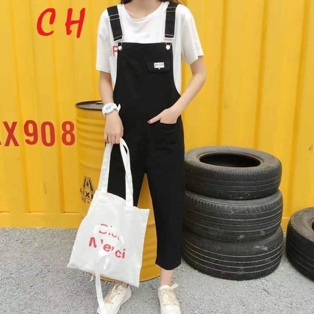 [HCM]Quần Yếm Kaki Nắp Túi Logo Cute ( Nâu và Đen)