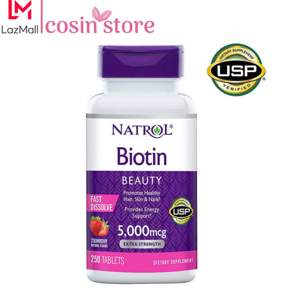 Viên ngậm nhai Natrol Biotin 5,000mcg Extra Strength 250 viên Beauty Fast Dissolve vị dâu của Mỹ - Hỗ trợ tóc móng khỏe biotin 5000 mcg nhập khẩu