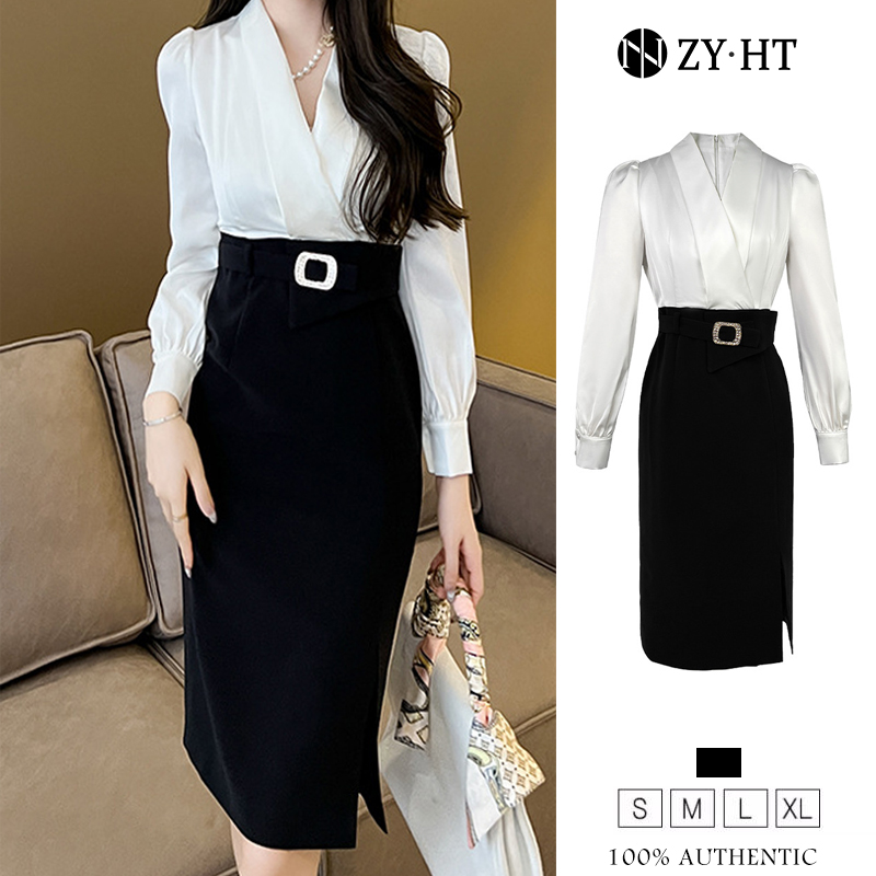 ZYHT eravogue chân váy nữ Váy đen trắng cổ chữ V váy công sở Cổ đầm sa tanh 30017