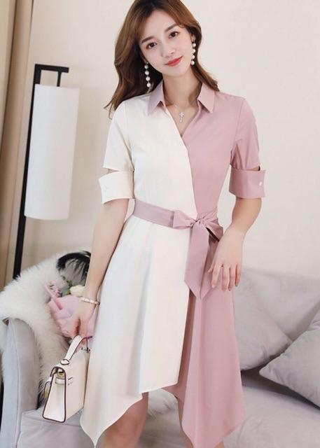 [HCM]Đầm SM Hồng Vạt Chéo Phối Trắng (kèm hình thật)
