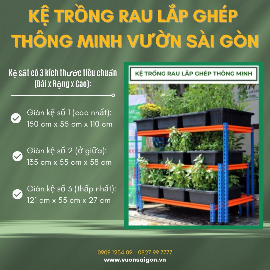 Kệ trồng rau lắp ghép sơn tĩnh điện cao cấp (kệ số 2 - KỆ Ở GIỮA TRÊN HÌNH - 135 x 55 x 58cm), kệ sắt trồng rau, kệ sắt công nghiệp (Vườn Sài Gòn - Vuon Sai Gon)