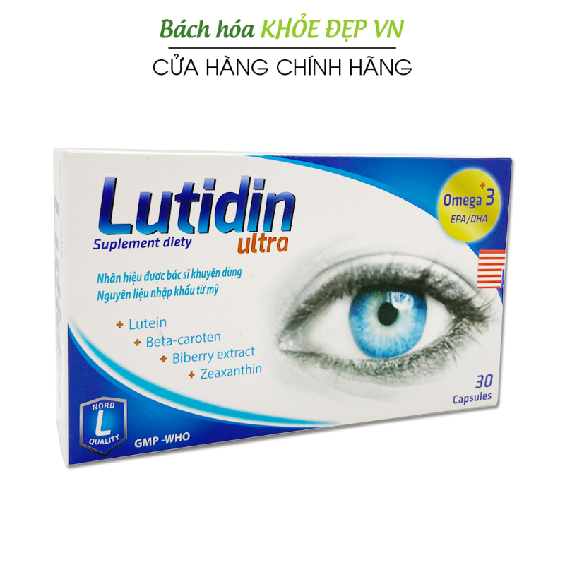 Viên uống bổ mắt Lutein, Omega 3, cao việt quất Lutidin Ultra giảm khô mắt, mờ mắt, mỏi mắt, tăng cường thị lực - Hộp 30 viên