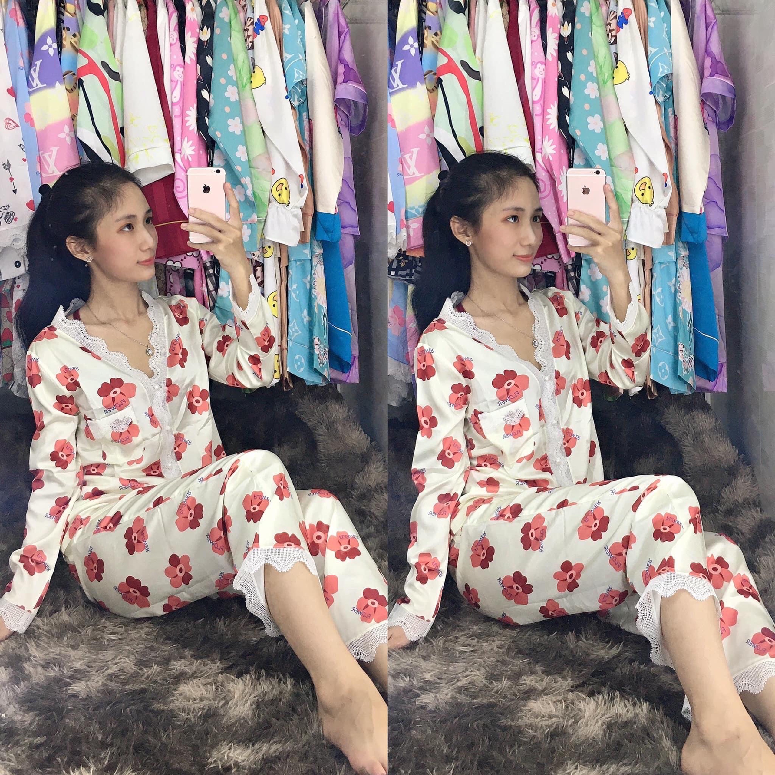 [HCM]Đồ Bộ Lụa Tơ Tằm Hoa Phối Ren