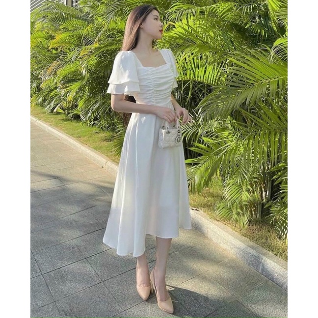 ĐẦM TRẮNG CỔ VUÔNG TAY BÈO (có ảnh thật) MS93