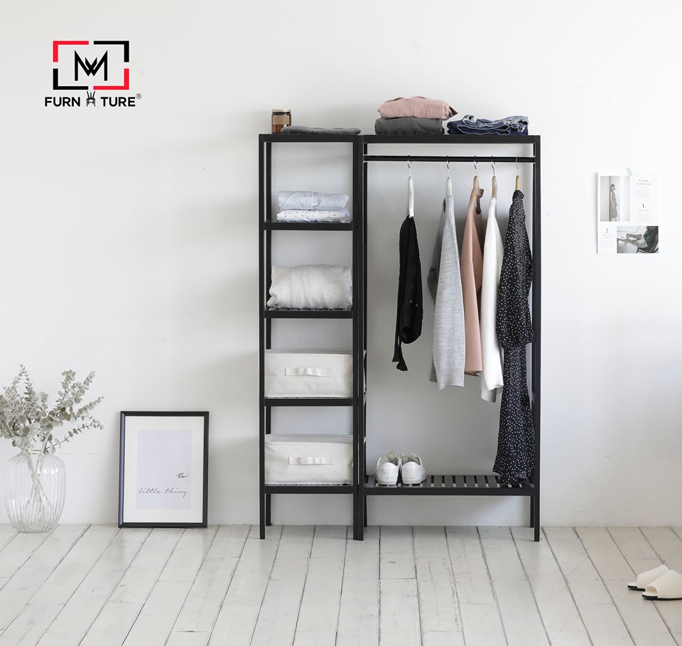 [HCM]COMBO TỦ TREO QUẦN ÁO LẮP RÁP VÀ KỆ 5 TẦNG - SHELF HANGER + SHELF 5F - BLACK - 순수원목행거