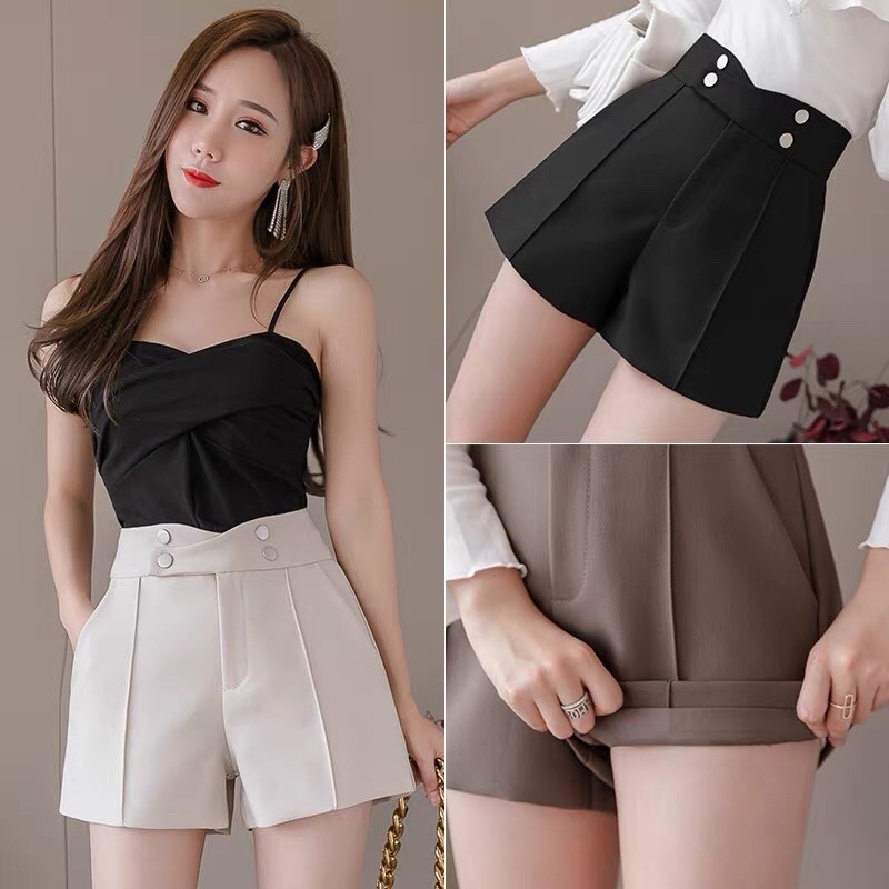 Quần short lưng cao 4 cúc cạp chéo hack dáng -HVS-mã sooc 4 cúc