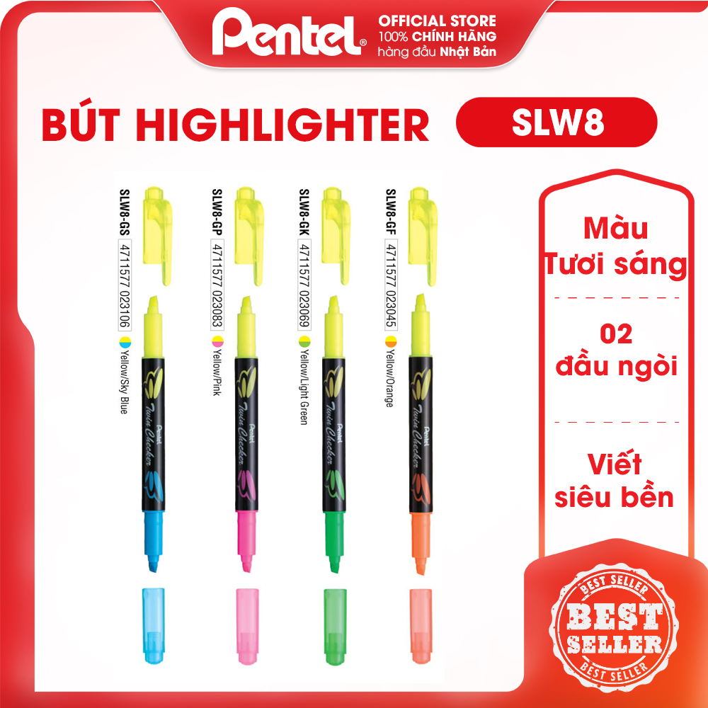 Bút Dạ Quang Nhớ Dòng Highlight Nhật Bản Pentel Twin Checker SLW8 - Thiết Kế 2 Đầu Ngòi Cùng Nét 1.0mm/3.5mm, Mực Ra Đều Màu Mực Tươi Sáng Dễ Sử Dụng