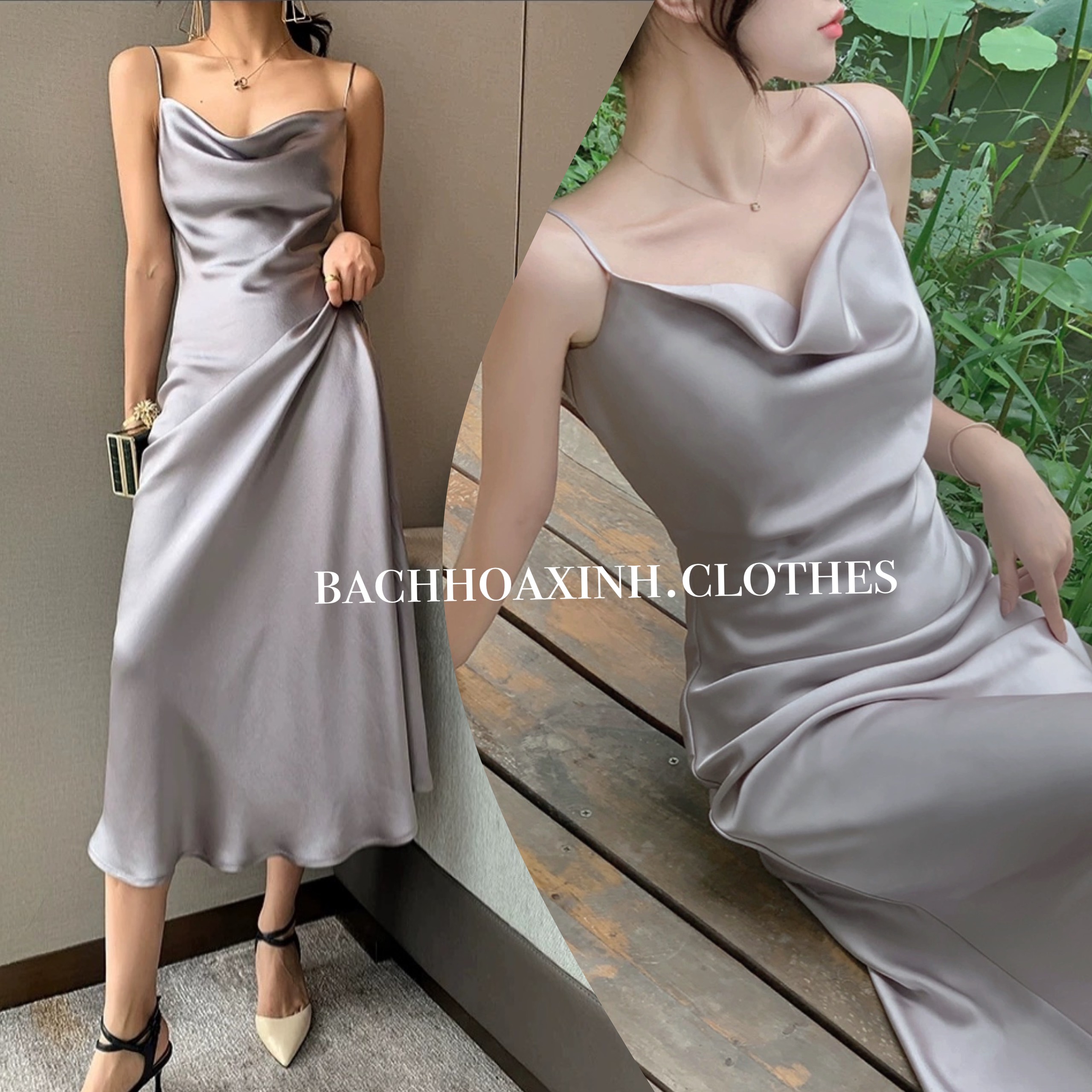 Váy lụa 2 dây cổ đổ phi lụa cao cấp