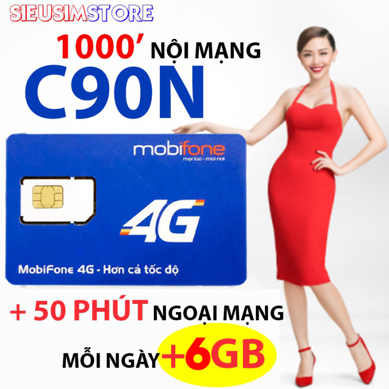 Sim 4G Mobifone C90N gói 6GB/ngày 180GB/tháng 4G tốc độ cao + Tặng 50phút gọi ngoại mạng