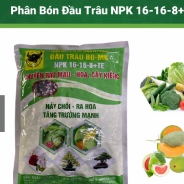 Muốn cây trồng sinh trưởng, phát triển mạnh có phân bón đầu trâu npk 16-16-8+te gói 1kg