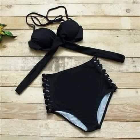 [HCM]Bikini áo chéo quần cạp cao Đan dây đen