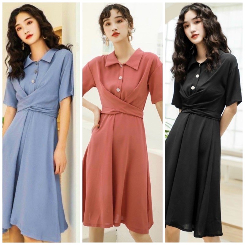 Đầm váy sơ mi chéo eo 3 màu