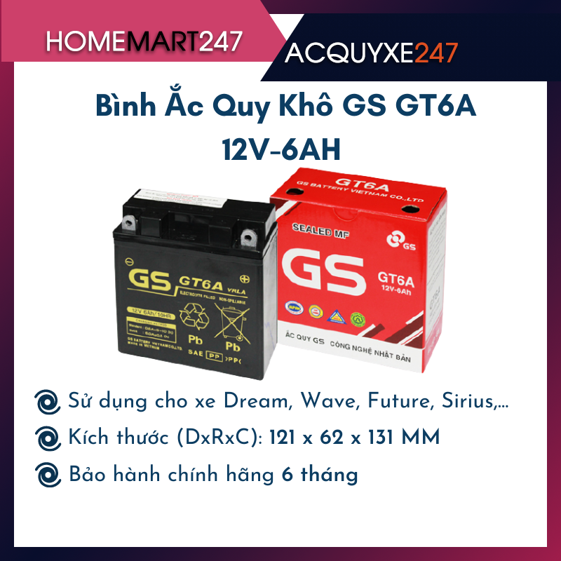 BÌNH ẮC QUY XE MÁY GS GT6A 12V-6AH - HÀNG CHÍNH HÃNG MỚI 100%