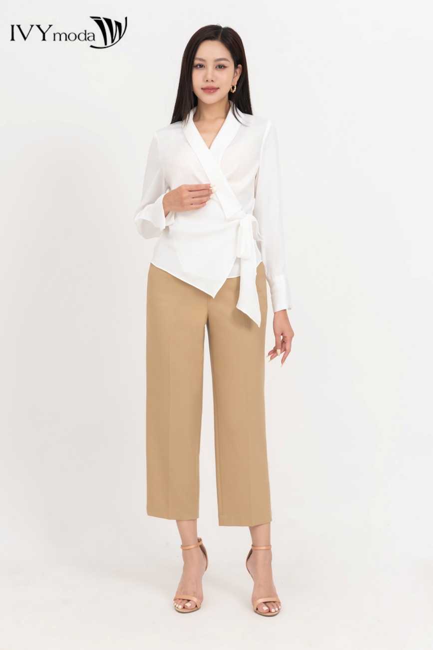 [10.10 -12.10 | VOUCHER 10% ĐƠN 499K] Áo sơ mi lụa cổ V kèm nơ eo IVY moda MS 17B9512