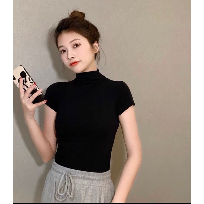Áo thun kiểu cổ lọ croptop tay ngắn
