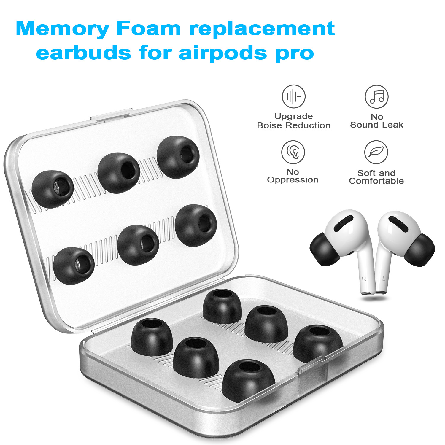 New Bee 6 Pairs Replacement Ear Tips Compatible with Airpods Pro Noise Blocking Memory Foam Earphone Tips Fit Charge Case(S/M/L)