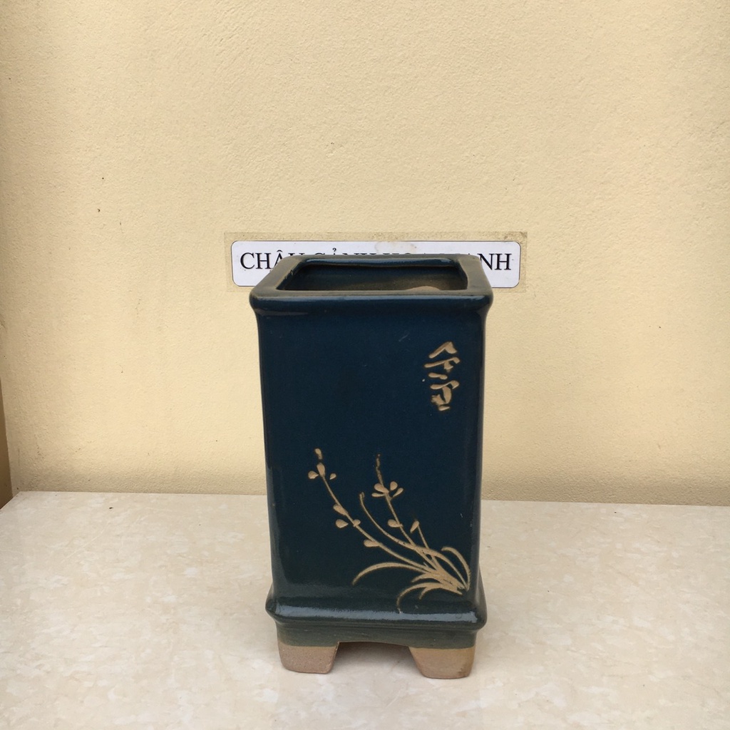 Chậu Vuông đứng cao bonsai sen đá mini men hoả biến gốm Bát Tràng 1 size SP483