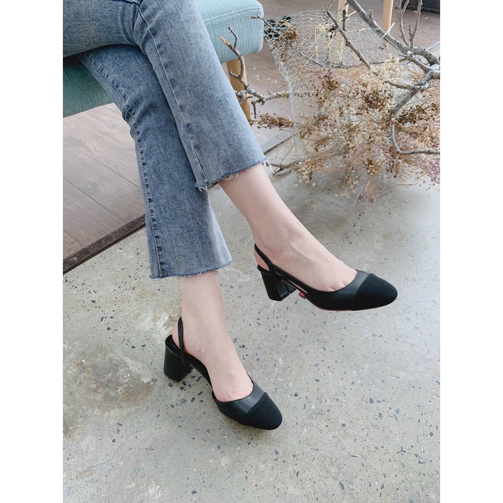 Sandal bít mũi da mịn khoét cạnh gót cao - 5P