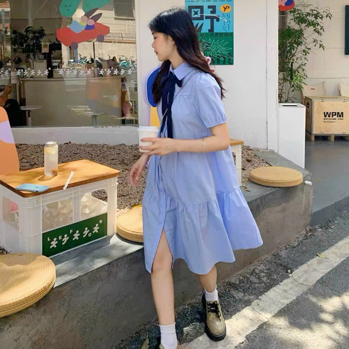 Đầm babydoll xanh nơ cổ
