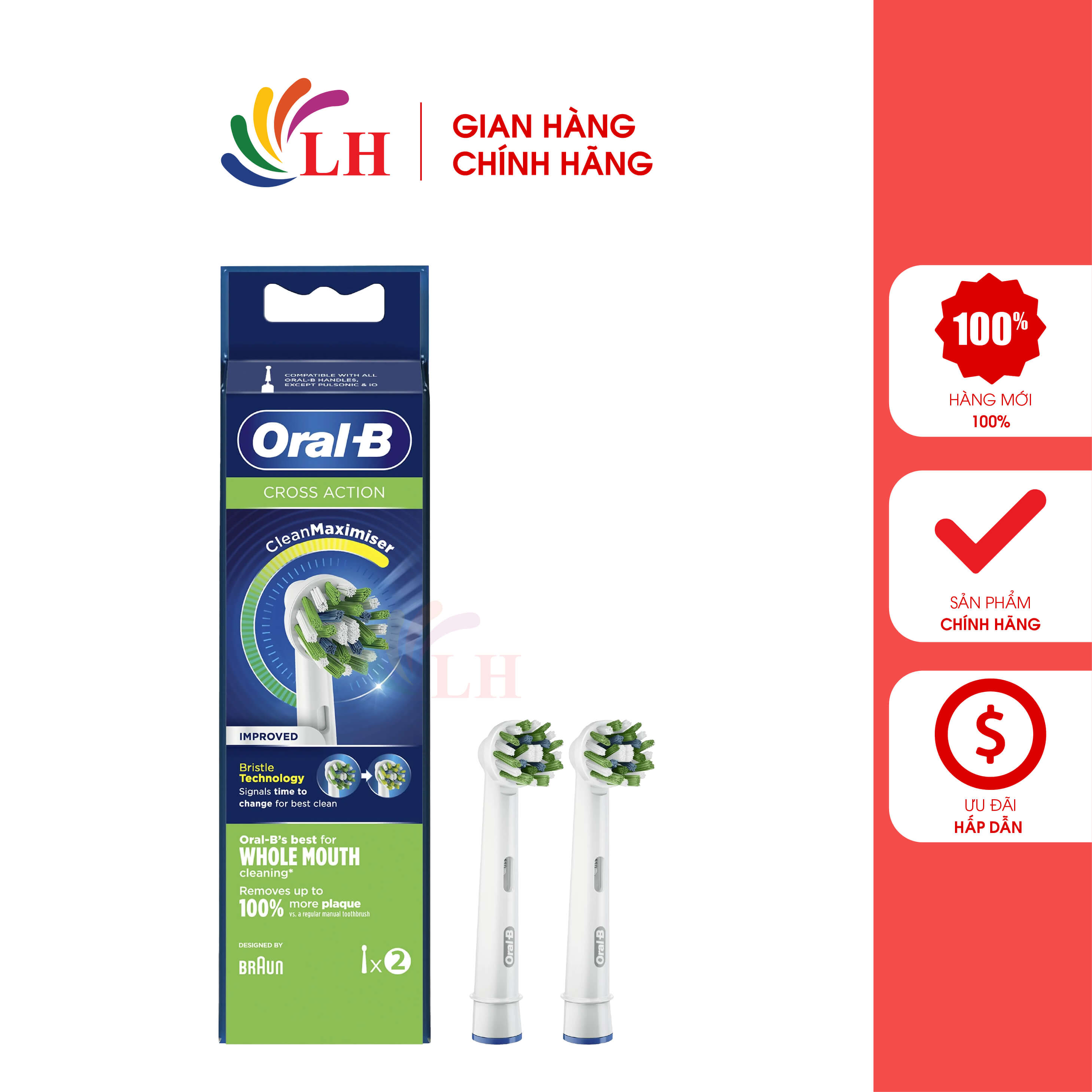 Đầu bàn chải thay thế bàn chải điện Oral-B CrossAction (Set 2) - Dùng thay thế cho các đầu bàn chải Oral-B, loại bỏ các mảng bám trên răng