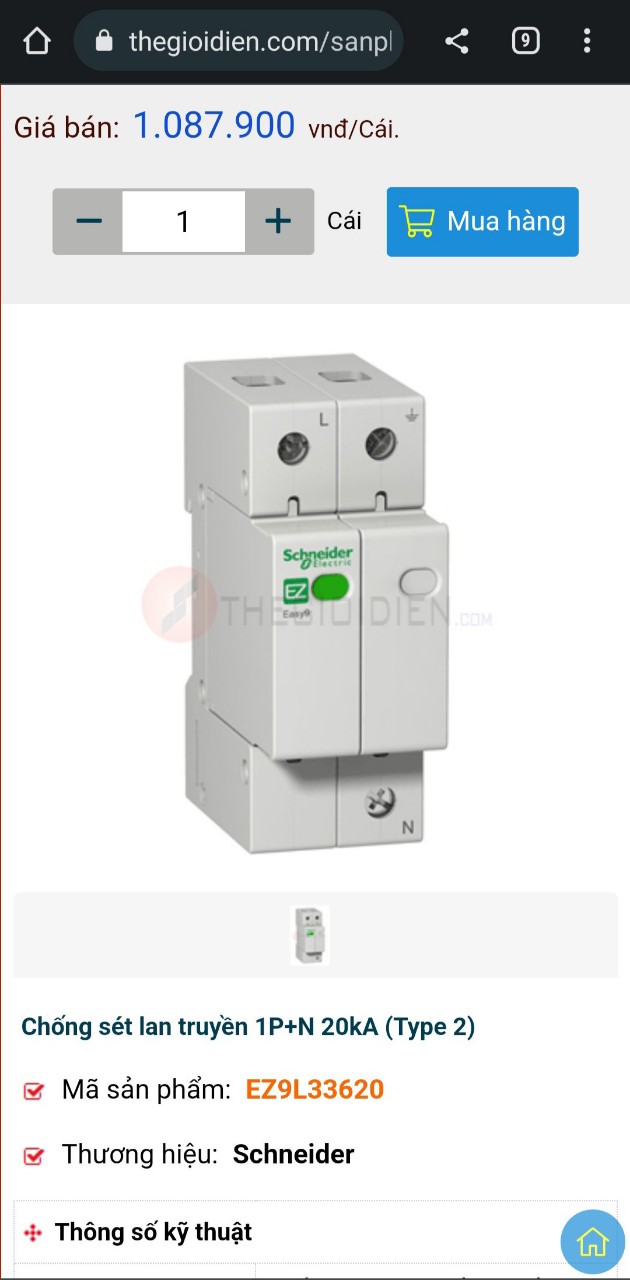 CHỐNG SÉT LAN TRUYỀN 1 PHA HÃNG PHÁP SCH CẮT SÉT