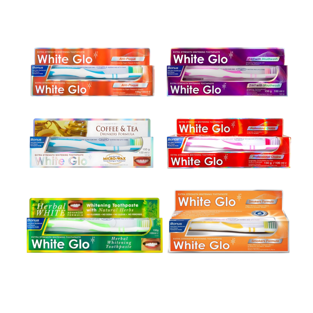 WHITE GLO 150g toothpaste set (red/purple/blue/yellow/white)