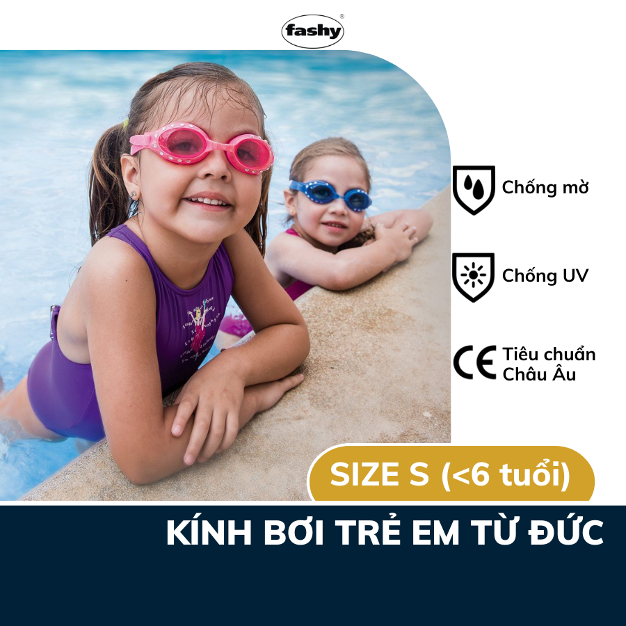 Kính bơi trẻ em 100% nhập khẩu trực tiếp từ Đức Fashy dòng “Rocky”, đạt tiêu chuẩn chất lượng Châu Âu, tròng kính chống mờ, size S phù hợp cho bé trai và bé gái dưới 6 tuổi